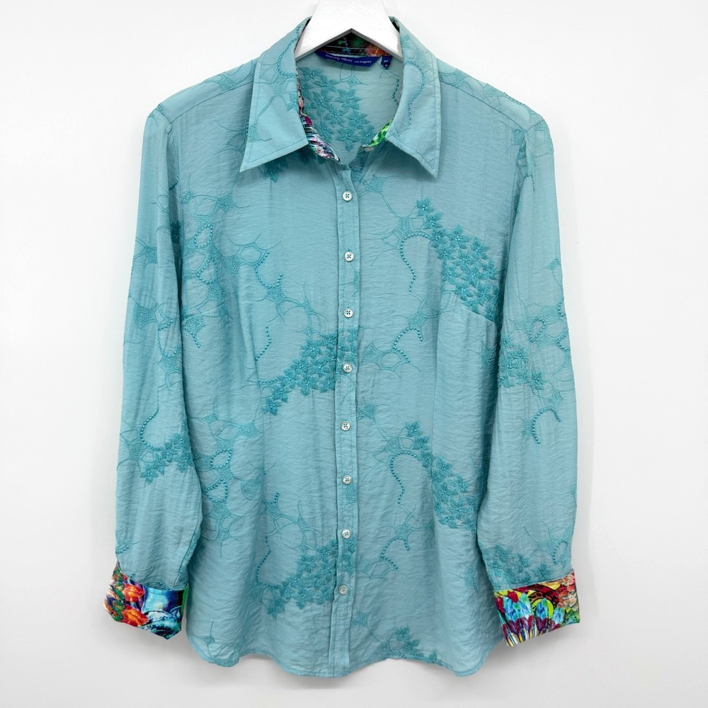 Georg Roth Top Shirt Womens Medium Embroidered Button Up Flip Cuff Boho Artsy